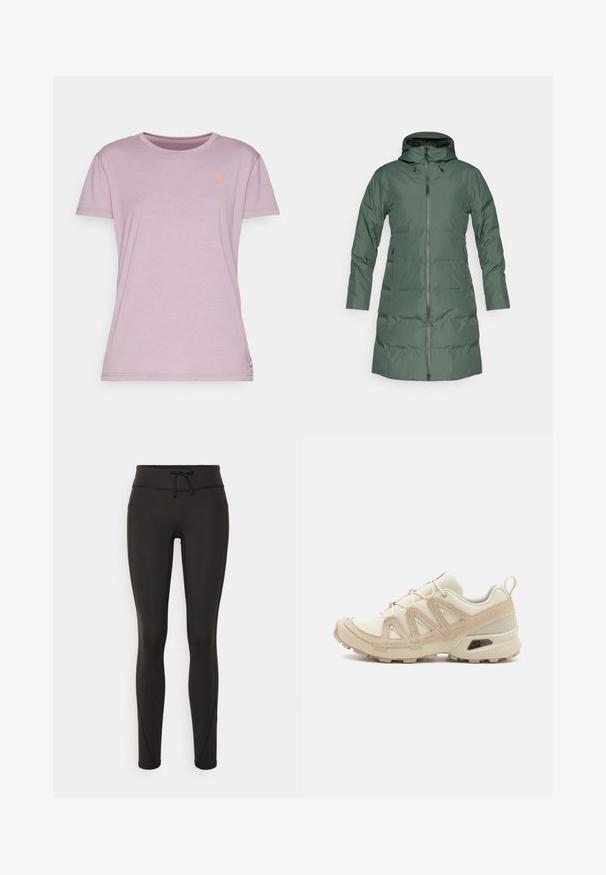 Casaco verde acolchoado com capuz, fecho de correr em todo o comprimento, mangas longas e bolsos laterais. Textura suave com um acabamento mate.; T-shirt lilás claro com mangas curtas, gola redonda e um emblema de flor laranja no peito. Textura de tecido suave e lisa.; Leggings pretos com uma cintura alta, cordão, textura suave e design ajustado. Apresentam detalhes de costura ao longo das laterais.; Sapatilha atlética beige e creme com parte superior em malha texturizada, sobreposições de suporte e sola de borracha com um padrão de cravo para tração.