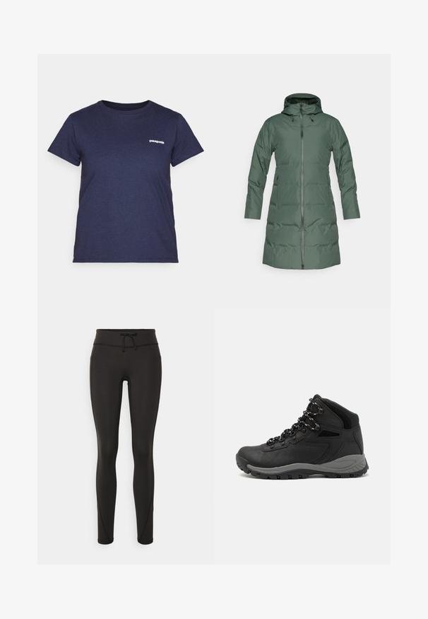 Žalias puskraščio paltas su gobtuvu, pilna ilgio užtrauktuku, ilgomis rankovėmis ir šoninėmis kišenėmis. Glotni tekstūra su matinio paviršiumi.; Laivo spalvos medvilninė marškinėliai su apvalia iškirpte ir trumpomis rankovėmis, su mažuoju baltu "Patagonia" logotipu kairėje krūtinės pusėje.; Juodi leggingai su aukšta juosmeniu, raišteliu, lygiu paviršiumi ir prigludusia forma. Yra siuvimo detalės šonuose.; Juodas žygio botas su vidutinio aukščio dizainu, pasižymintis tekstūruota viršutine dalimi, pilkų akcentų ir patvaria guma padanga su sukibimo gumbais.