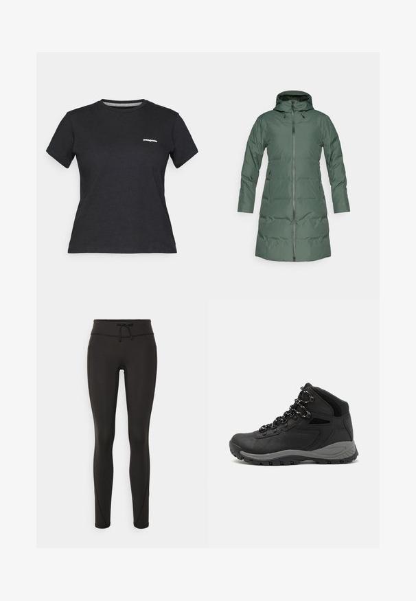 Žalias puskraščio paltas su gobtuvu, pilna ilgio užtrauktuku, ilgomis rankovėmis ir šoninėmis kišenėmis. Glotni tekstūra su matinio paviršiumi.; Juodas medvilninis marškinėliai su apvalia iškirpte ir trumpomis rankovėmis. Kairėje krūtinės pusėje yra baltas "Patagonia" logotipas.; Juodi leggingai su aukšta juosmeniu, raišteliu, lygiu paviršiumi ir prigludusia forma. Yra siuvimo detalės šonuose.; Juodas žygio botas su vidutinio aukščio dizainu, pasižymintis tekstūruota viršutine dalimi, pilkų akcentų ir patvaria guma padanga su sukibimo gumbais.