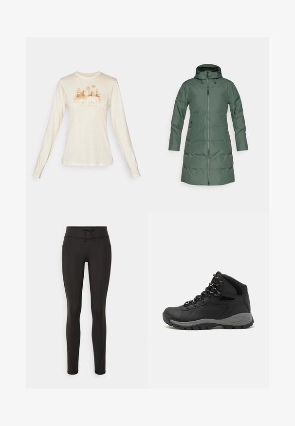 Žalias puskraščio paltas su gobtuvu, pilna ilgio užtrauktuku, ilgomis rankovėmis ir šoninėmis kišenėmis. Glotni tekstūra su matinio paviršiumi.; Columbia HIDDEN HAVEN™ LS TEE - Ilgarankovis viršutinės dalies drabužis - chalk/treehome omblur; Juodi leggingai su aukšta juosmeniu, raišteliu, lygiu paviršiumi ir prigludusia forma. Yra siuvimo detalės šonuose.; Juodas žygio botas su vidutinio aukščio dizainu, pasižymintis tekstūruota viršutine dalimi, pilkų akcentų ir patvaria guma padanga su sukibimo gumbais.