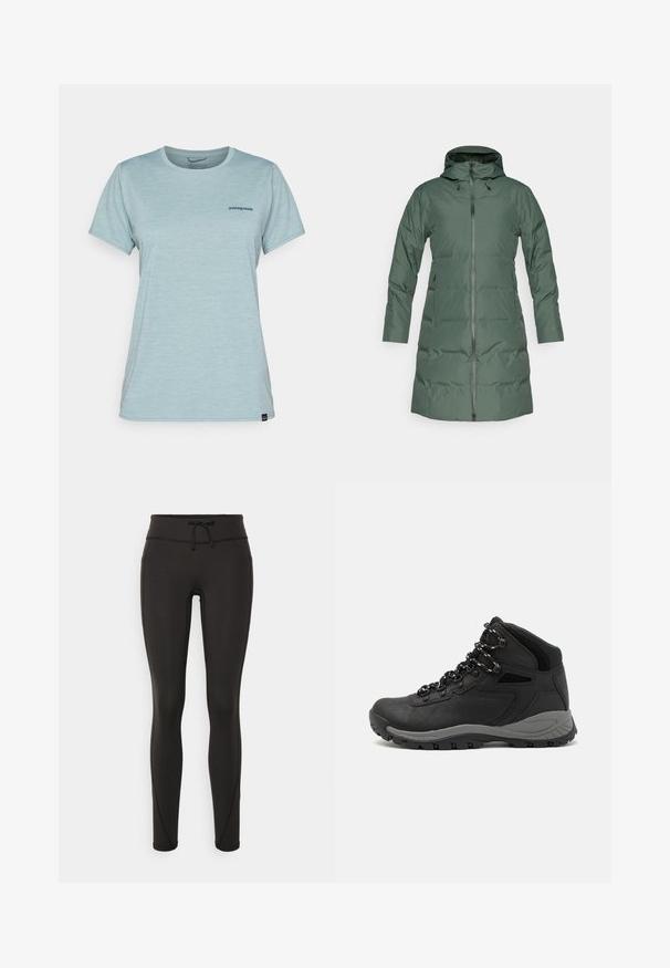 Casaco verde acolchoado com capuz, fecho de correr em todo o comprimento, mangas longas e bolsos laterais. Textura suave com um acabamento mate.; T-shirt de manga curta azul-claro, feita de um tecido suave e respirável, com um pequeno logotipo azul-marinho no peito e um decote em crew.; Leggings pretos com uma cintura alta, cordão, textura suave e design ajustado. Apresentam detalhes de costura ao longo das laterais.; Bota de caminhada preta com design de cano médio, apresentando um upper texturizado, detalhes cinzentos e sola de borracha durável com cravos de tração.
