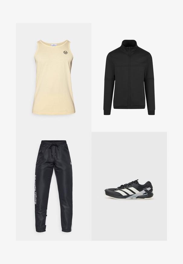 Black zip-up jacket made of soft fabric, featuring a high collar, front seams, and logo detail on the upper left. Smooth texture, fitted design.; Light yellow tank top made of soft fabric, featuring a round neckline and a small black logo on the left chest. Straight hem at the bottom.; Black fabric athletic pants with a drawstring waist, featuring white branding on the side and contrasting colored panels at the hem.; Black athletic shoe with white stripes, mesh upper, rounded toe, and cushioned sole. Features a textured heel and secure lacing system.