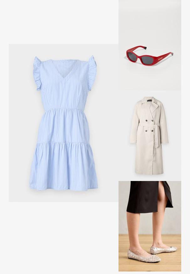 Beige trenchcoat med dobbelknapp foran, bred krage og belte i midjen. Har lange ermer og en rett hemline.; Lys blå stripet kjole med V-hals, korte volang ermer, en tettsittende midje og et lagdelt skjørt. Laget av et mykt, lett stoff.; Beige paljettballetsko med rund tå og sløyfedetalj, kombinert med et svart skjørt, vist på et tregulv.; Røde plastsolbriller med en slank, oval ramme. Har mørke linser og gullmerke på siden. Svart detaljer på tempelendene.