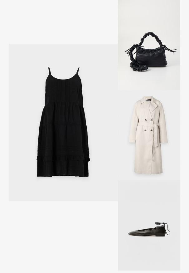 Bež plašč s dvojno gumbasto sprednjo zapenjanjem, širokim ovratnikom in pasom. Ima dolge rukave in ravno rob.; Črna brezrokavna obleka z tankimi naramnicami, plastičnimi oblikami, teksturiranim korpusom in nagubanimi robovi. Narejena je iz lahko tkanine.; Črne usnjene baletne čevlje s koničastim nosom, vezi okrog gležnja in ravnim podplatom, ki se ponašajo z gladko teksturo in minimalističnim dizajnom.; Črna torbica iz umetnega usnja s krokodilovo teksturo, z zvitim vrhom in zmečkano naramico. Zdi se mehka in kompaktna v oblikovanju.