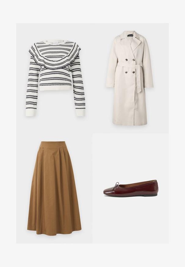 Pardoseala bej cu un front cu două butoane, guler larg și talie cu curea. Dispune de mâneci lungi și tiv drept.; Pulover alb din tricot cu dungi orizontale negre, având un guler ondulat și mâneci lungi. Design scurt cu manșete dintr-un material elastic.; Fustă A-line din bumbac maro, cu talie înaltă, având pliseuri pe față și o textură netedă. Marginile sunt finisate curat și simplu.; Balerini din piele patent burgund cu vârful rotund, accent de fundiță mică în față și talpă joasă din cauciuc negru. Textură netedă.