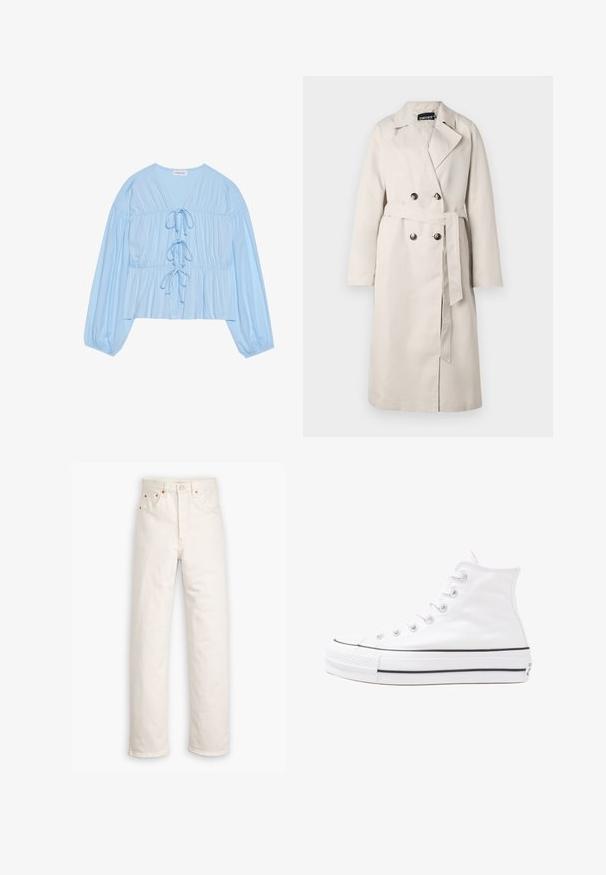 Bež kišni kaput s dvostrukim gumbima sprijeda, širokim ovratnikom i pojasom oko struka. Ima dugačke rukave i ravni rub.; Svijetlo plava bluza dugih rukava napravljena od mekog materijala, s V-izrezom, detaljima sa vezicom i skupljenim strukom za opušteni kroj.; Bijele traperice od denima s ravnim nogavicama, stil s pet džepova i akcentima od bakra. Neobrađeni rub na gležnjevima.; Bijela visoka platnena tenisica s crnom gumenom potplatom, prednjim gumenim zaštitnikom prstiju i šest rupa za vezanje, s čistim, minimalističkim dizajnom.