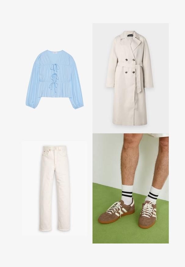 Beige trench coat with a dual-button front, wide collar, and a belted waist. Features long sleeves and a straight hemline.; Light blue long-sleeve blouse made of soft fabric, featuring a V-neck, drawstring detailing, and gathered waist for a relaxed fit.; White denim jeans with a straight-leg design, five-pocket style, and copper hardware accents. Raw hem finish at the ankles.; Brown suede sneakers with white accents and laces. Rubber gum sole. Worn with white socks featuring black stripes. Green textured flooring.