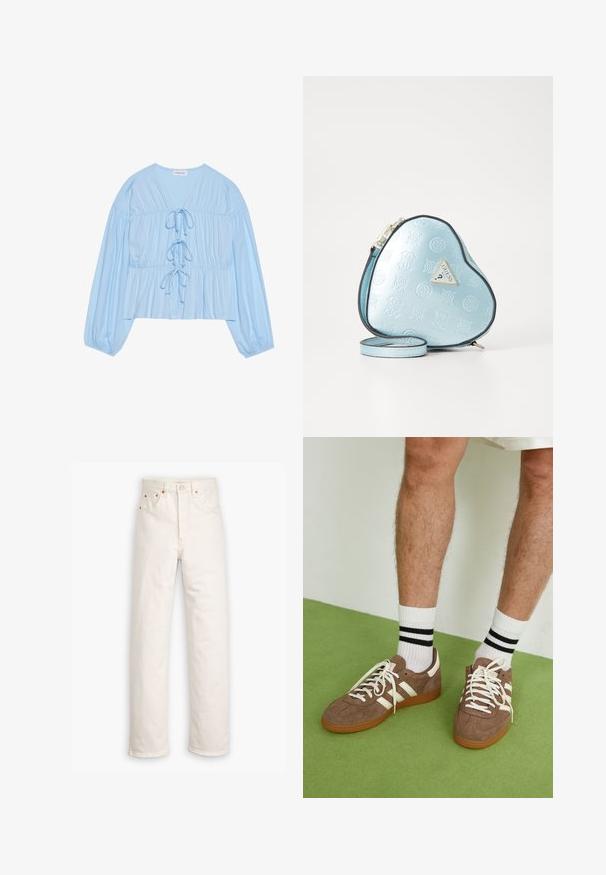 Bēšas krāsas vējjaka ar dubultiem pogu aizdari, plašu apkakli un jostu viduklī. Iezīmē garas piedurknes un taisnu apakšmali.; Gaiši zila garām piedurknēm blūze, izgatavota no mīksta auduma, ar V veida kaklu, saistošām detaļām un savilktu jostasvietu, nodrošinot brīvu piegriezumu.; Baltas denims ar taisnu kāju dizainu, piecu kabatu stilu un varš apdari. Neapstrādāts piegriezums potītēs.; Brūni zamša sporta apavi ar baltām akcentu un auklām. Kaučuka zole. Nēsāti ar baltām zeķēm, kurām ir melnas svītras. Zaļa struktūrēta grīda.; Sirds formas rokassoma gaiši zila, ar reljefu, melnu apmalīti un zeltainu logotipa plāksni. Iekļauta noņemama plecu siksna.