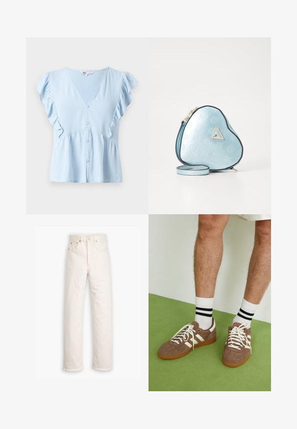 Bēšas krāsas vējjaka ar dubultiem pogu aizdari, plašu apkakli un jostu viduklī. Iezīmē garas piedurknes un taisnu apakšmali.; Gaiši zila blūze, izgatavota no mīksta auduma, ar V veida kakla izgriezumu, volāniem uz piedurknēm, pogu aizdari priekšpusē un savilktām vidukļa detaļām.; Baltas denims ar taisnu kāju dizainu, piecu kabatu stilu un varš apdari. Neapstrādāts piegriezums potītēs.; Brūni zamša sporta apavi ar baltām akcentu un auklām. Kaučuka zole. Nēsāti ar baltām zeķēm, kurām ir melnas svītras. Zaļa struktūrēta grīda.; Sirds formas rokassoma gaiši zila, ar reljefu, melnu apmalīti un zeltainu logotipa plāksni. Iekļauta noņemama plecu siksna.