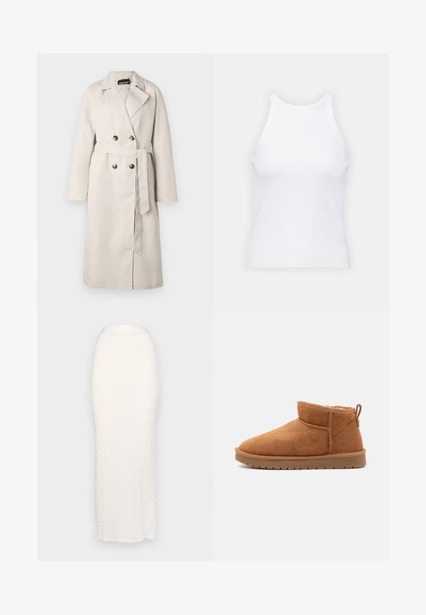 Manteau beige à double boutonnière à l'avant, col large et taille ceinturée. Il présente des manches longues et un ourlet droit.; Débardeur blanc sans manches en tissu côtelé, doté d'un col rond et d'une silhouette ajustée, avec des coutures minimales et sans ornements.; Gina Tricot STRUCTURE MAXI SKIRT - Jupe longue - white; Call it Spring JAMIELEE - Bottes de neige - camel