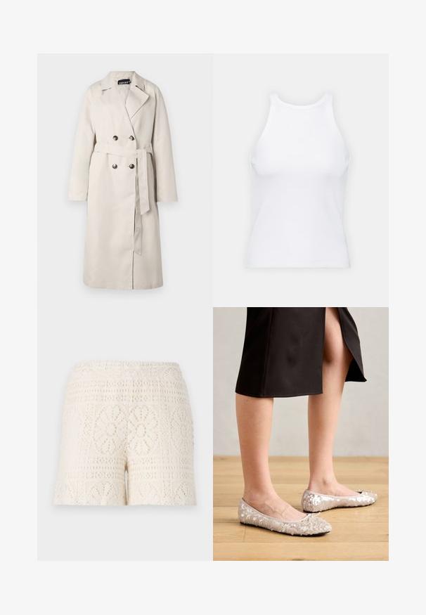 Beige esőkabát dupla gombos előlappal, széles gallérral és övvel ellátott derékkal. Hosszú ujjaival és egyenes szegélyével rendelkezik.; Fehér ujjatlan trikó ribbed anyagból, lekerekített nyakkivágással és testhez simuló siluettel, minimális varrásokkal és díszítések nélkül.; Krém színű csipkés rövidnadrág, bonyolult virágmintázattal és elasztikus derékkal, amely texturált, nyitott kötésű kialakítást mutat.; Beige flitteres balettcipők kerek orral, masni díszítéssel, fekete szoknyával párosítva, egy fa padlón bemutatva.
