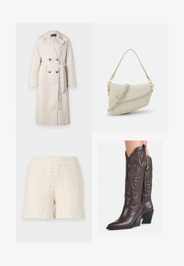 Béžový trenčkot s dvojitým zapínáním, širokým límcem a páskem v pase. Má dlouhé rukávy a rovný lem.; Bílý bezrukávový top vyrobený z ribbed látky, s kulatým výstřihem a přiléhavým střihem, s minimem švů a bez ozdob.; Krajkové šortky v krémové barvě s propracovanými květinovými vzory a elastickým pasem, předvádějící texturovaný design s otevřeným pletením.; Hnědé kožené kovbojské boty s špičatou špičkou a blokovým podpatkem, se zdobným prošíváním a vyvýšenými akcenty na nárazu.; Malá krémová kabelka s texturovaným povrchem, dlouhým nastavitelným popruhem, řetízkovým akcentem a klopou. Ozdobné detaily zlaté barvy.
