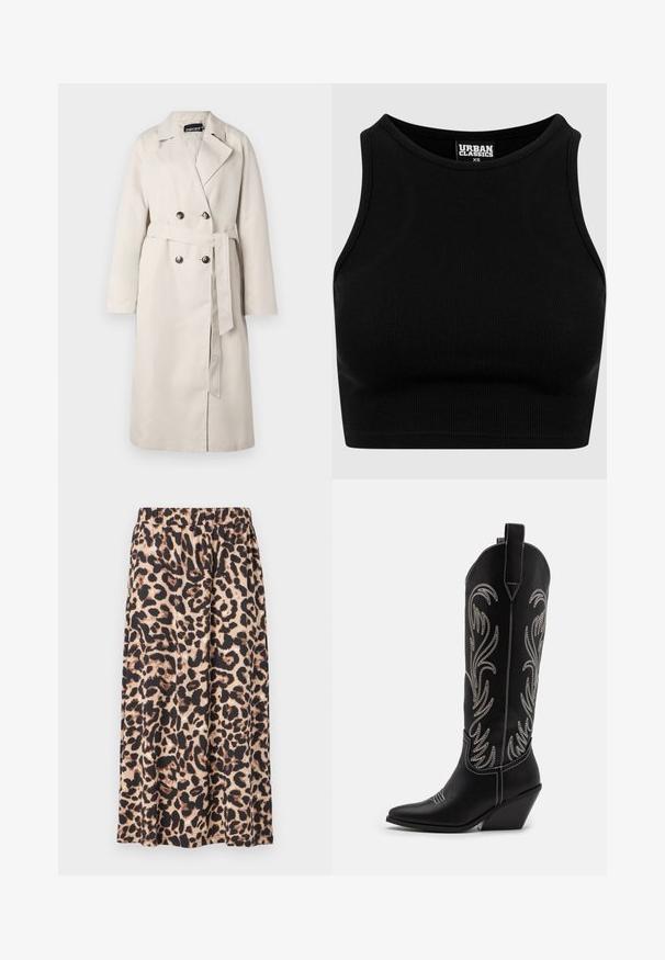 Beige trench coat with a dual-button front, wide collar, and a belted waist. Features long sleeves and a straight hemline.; Black ribbed cropped top with a round neckline and sleeveless design. Made from a stretchy, textured fabric. Label reads "Urban Classics."; Leopard print skirt in beige and black, made of lightweight fabric. Features an elastic waistband and a flowing A-line design.; Black leather cowboy boots with pointed toes, wedge heels, and silver embroidered floral patterns along the shaft. Contrast stitching throughout.