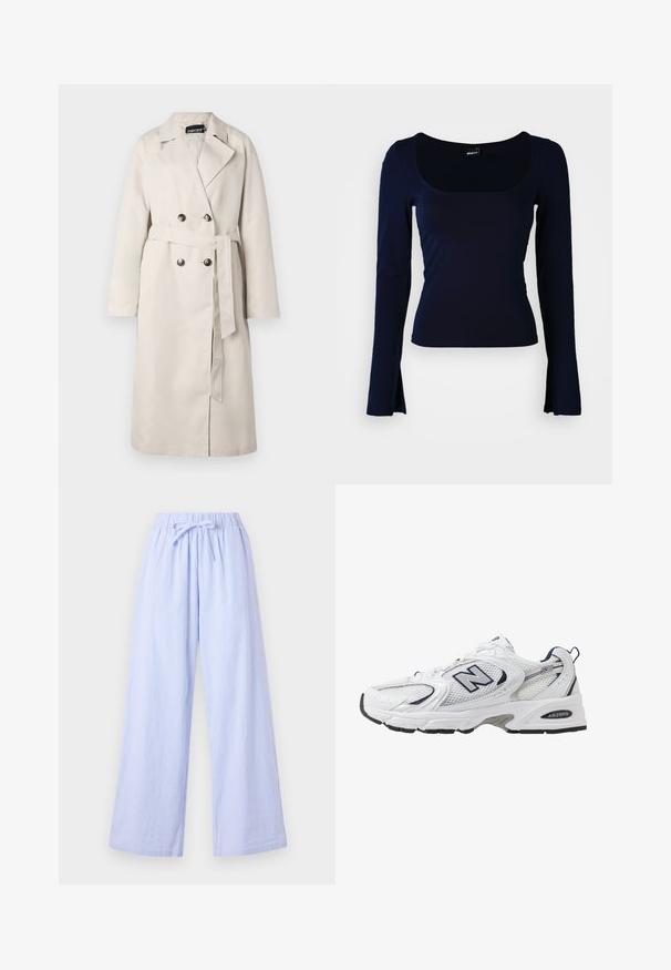 Béžový trenčkot s dvojitým zapínáním, širokým límcem a páskem v pase. Má dlouhé rukávy a rovný lem.; Námořnický dlouhý rukáv s čtvercovým výstřihem, vyrobený z hladké, elastické tkaniny. Má přiléhavý střih a mírně vykrojené konce rukávů.; Svetle modré pruhované kalhoty s širokými nohavicemi, elastickým pasem a nastavitelnou šňůrkou. Jsou vyrobeny z měkkého materiálu s vertikálními pruhy pro texturu.; Bílé sportovní boty s textilním svrškem, námořnickými akcenty a polstrovanou podrážkou. Obsahují logo "N", tkaničky a texturovaný detail na boku.