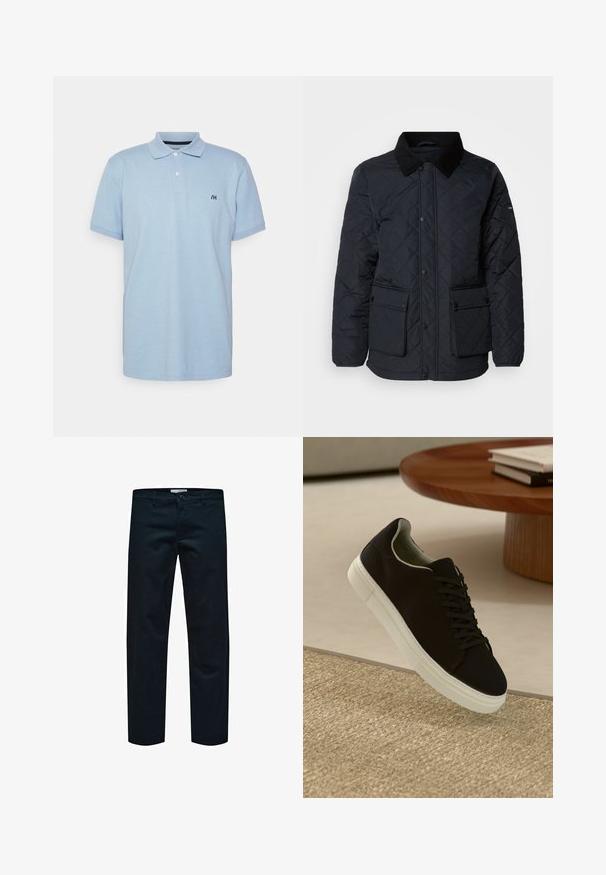 Casaco acolchoado azul-marinho com colarinho de veludo cotelê, dois bolsos frontais e fechos de pressão. Apresenta um tecido texturizado e resistente à água.; Selected Homme SLHAZE - Polo - skyway; Calças de algodão pretas com um design de perna reta, apresentando um fecho simples com botão e bolsos padrão. Textura suave e sem padrões visíveis.; Sneaker preto com sola branca flutuando acima de um tapete texturizado bege, perto de uma mesa redonda de madeira com livros empilhados.