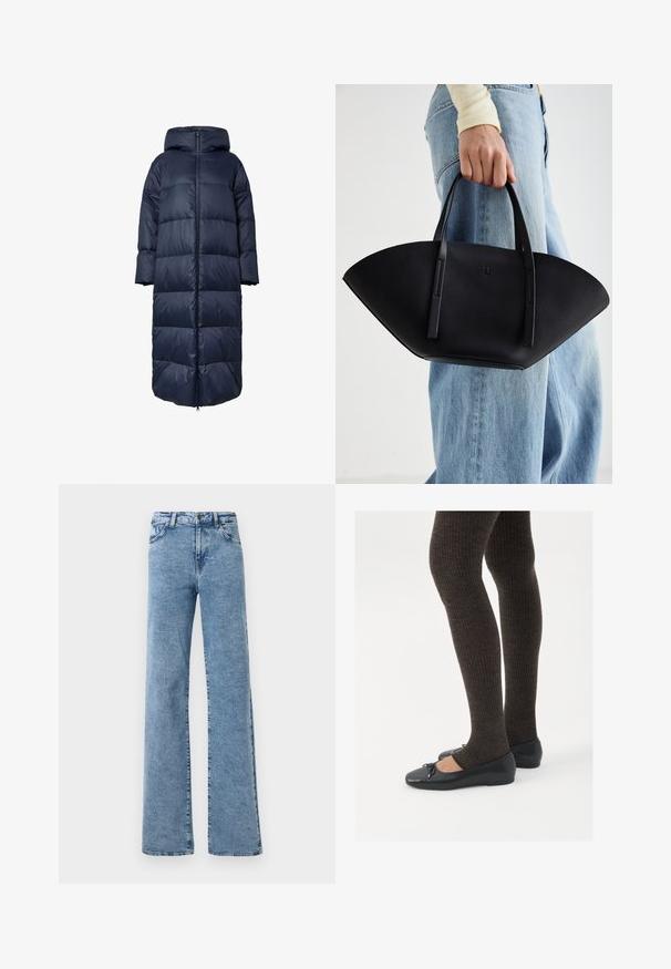 Camisola puffer azul marinho com capuz, apresentando um fecho de correr frontal, design oversized e textura acolchoada. A bainha chega a comprimento até a metade da panturrilha.; Moleton cinza claro com fecho éclair e capuz, apresentando padrões de malha em cabo, com bainha e punhos canelados, e uma textura suave. Perfeito para sobreposições.; T-shirt preto de mangas curtas com gola redonda, feito de tecido de algodão suave, apresentando um design simples e sem padrões ou detalhes visíveis.; Noisy May NMYOLANDA - Wide leg - medium blue denim; Sapatos planos pretos com um pequeno laço na ponta, emparelhados com meias-calças caneladas castanhas escuras. Os sapatos têm uma textura suave e um design discretamente baixo.; Bolsa de mão em couro preto com uma forma única em leque, apresentando alças planas. A superfície tem uma textura pebble e um design minimalista.