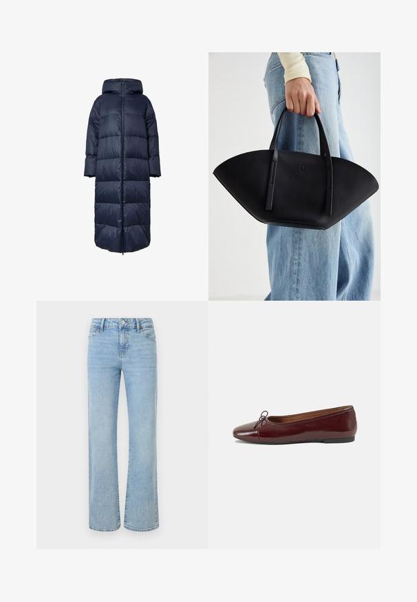 Jūras zilas puffer jakas ar kapuci, ar priekšējo rāvējslēdzēju, pārāk lielu dizainu un kvilts tekstūru. Apakšmalu sasniedz līdz pusceļam.; Gai pelēks kapuce džemperis ar rāvējslēdzēju, ar kabelveida adījuma rakstiem, ribotu apakšmalu un piedurknēm, kā arī gludu tekstūru. Ideāli piemērots slāņošanai.; Melna īsām piedurknēm T-kreklā ar apaļu kakla izgriezumu, izgatavota no gludas kokvilnas auduma, ar vienkāršu dizainu un bez redzamām rakstām vai akcentiem.; Gaiši zili džinsi ar taisnu kāju dizainu, izgatavoti no denima. Funkcijas ietver pogu un lencītes aizdari, piecus kabatas un izšuvumu detaļas.; Burgundijas laku ādas baleta kurpes ar noapaļotu purngalu, nelielu loku akcentu priekšā un zemu melnu gumijas zoli. Gluda tekstūra.; Melnas ādas rokassoma ar unikālu ventilatora formu, aprīkota ar plakaniem rokturiem. Virsma ir ar graudainu faktūru un minimālistisku dizainu.