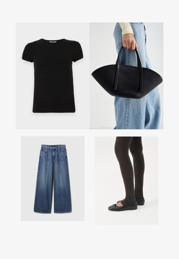 Námornícky modrý prešívaný kabát s kapucňou, s predným zipsom, vo voľnom strihu a prešívanou textúrou. Spodný lem dosahuje dĺžku po polovicu lýtok.; Svetlo šedá mikina na zips s kapucňou, vyznačujúca sa pletenými vzormi, ribovaným lemom a manžetami a hladkou textúrou. Ideálna na vrstvenie.; Čierne tričko s krátkym rukávom a okrúhlym výstrihom, vyrobené z hladkej bavlnenej látky, s jednoduchým dizajnom a bez viditeľných vzorov alebo akcentov.; Džíny s širokými nohavicami v modrej farbe s vyblednutým povrchom, s gombíkom a zipsom, piatimi vreckami a pútkami na opasok.; Čierne ploché topánky s malou mašľou na špičke, v kombinácii s tmavohnedými rebrovanými pančuchami. Topánky majú hladký povrch a nízky profil.; Čierna kožená kabelka s jedinečným tvarom ventilátora, so plochými držadlami. Povrch má štruktúru s brúseným efektom a minimalistic design.