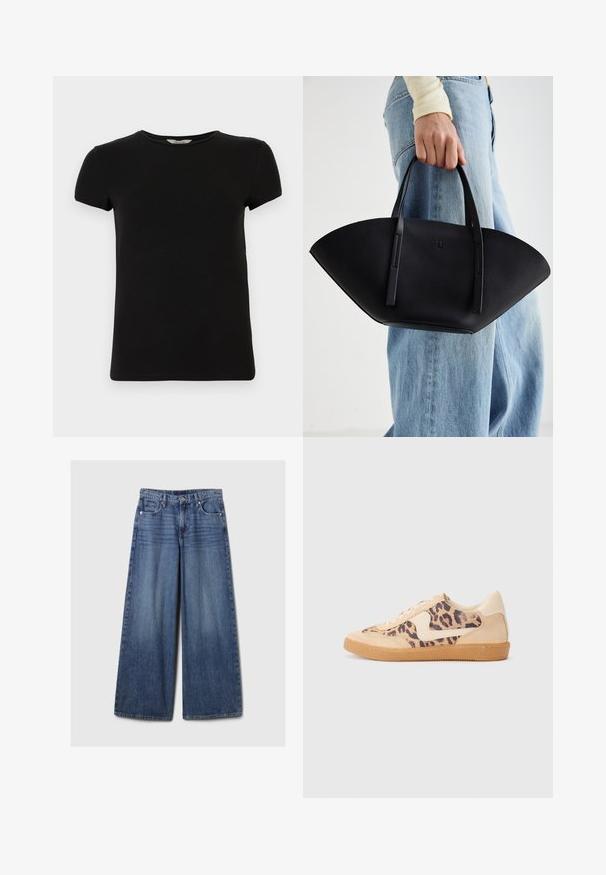 Tumedatest sinine puffermantel kapuutsiga, ilus esivöös, ülemõõdulise disainiga ja tikanditekstuuriga. Helk on põlvini ulatuv.; Heled halli lukuga kapuutsiga sviiter, millel on soonikuga krae ja varrukad, samuti nõela kudumise mustrid ja sile tekstuur. Ideaalne kihiliseks kandmiseks.; Musthave lühikeste varrukatega must T-särk, ümarate kaelustega, valmistatud siledast puuvillast kangast, millel on lihtne disain ja ilma nähtavate mustrite või aktsentideta.; Laiad sinised denimpüksid, millel on pleekinud viimistlus, nupp ja lukuga sulgemine, viis taskut ning vööaasad.; Leopardi mustriga tossud, millel on beež sueded ülemine osa, pruuni kummist põhi ja valged aktsendid. Ümar nina ja lipsukujundus, millel on tekstureeritud viimistlus.; Must mustra kott, millel on unikaalne fännikujuline disain, millel on lapikud käepidemed. Pinna tekstuur on kivikujuline ja disain on minimalistlik.