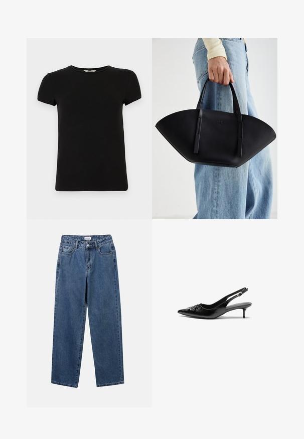 Camisola puffer azul marinho com capuz, apresentando um fecho de correr frontal, design oversized e textura acolchoada. A bainha chega a comprimento até a metade da panturrilha.; Moleton cinza claro com fecho éclair e capuz, apresentando padrões de malha em cabo, com bainha e punhos canelados, e uma textura suave. Perfeito para sobreposições.; T-shirt preto de mangas curtas com gola redonda, feito de tecido de algodão suave, apresentando um design simples e sem padrões ou detalhes visíveis.; Jeans de denim azul clássicos com um design de perna reta, cinco bolsos e fecho de botão. Apresenta um tratamento médio e uma textura resistente.; Sapatos de salto alto slingback em couro preto com bico fino, pequeno salto kitten e um detalhe decorativo em forma de nó na parte da frente. Textura suave em toda a parte.; Bolsa de mão em couro preto com uma forma única em leque, apresentando alças planas. A superfície tem uma textura pebble e um design minimalista.