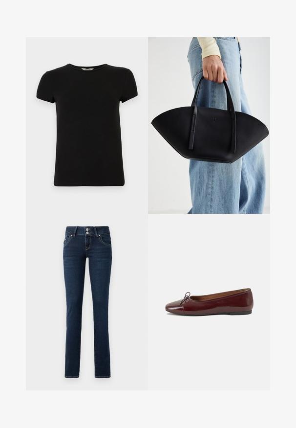 Camisola puffer azul marinho com capuz, apresentando um fecho de correr frontal, design oversized e textura acolchoada. A bainha chega a comprimento até a metade da panturrilha.; Moleton cinza claro com fecho éclair e capuz, apresentando padrões de malha em cabo, com bainha e punhos canelados, e uma textura suave. Perfeito para sobreposições.; T-shirt preto de mangas curtas com gola redonda, feito de tecido de algodão suave, apresentando um design simples e sem padrões ou detalhes visíveis.; Jeans skinny azul-escuro com fecho de botão duplo, bolsos frontais e costura amarela sobre um fundo branco.; Bailarinas em couro sintético borgonha com bico redondo, pequeno laço na frente e sola baixa em borracha preta. Textura suave.; Bolsa de mão em couro preto com uma forma única em leque, apresentando alças planas. A superfície tem uma textura pebble e um design minimalista.