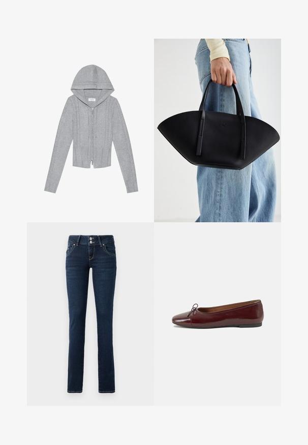 Camisola puffer azul marinho com capuz, apresentando um fecho de correr frontal, design oversized e textura acolchoada. A bainha chega a comprimento até a metade da panturrilha.; Moleton cinza claro com fecho éclair e capuz, apresentando padrões de malha em cabo, com bainha e punhos canelados, e uma textura suave. Perfeito para sobreposições.; T-shirt preto de mangas curtas com gola redonda, feito de tecido de algodão suave, apresentando um design simples e sem padrões ou detalhes visíveis.; Jeans skinny azul-escuro com fecho de botão duplo, bolsos frontais e costura amarela sobre um fundo branco.; Bailarinas em couro sintético borgonha com bico redondo, pequeno laço na frente e sola baixa em borracha preta. Textura suave.; Bolsa de mão em couro preto com uma forma única em leque, apresentando alças planas. A superfície tem uma textura pebble e um design minimalista.