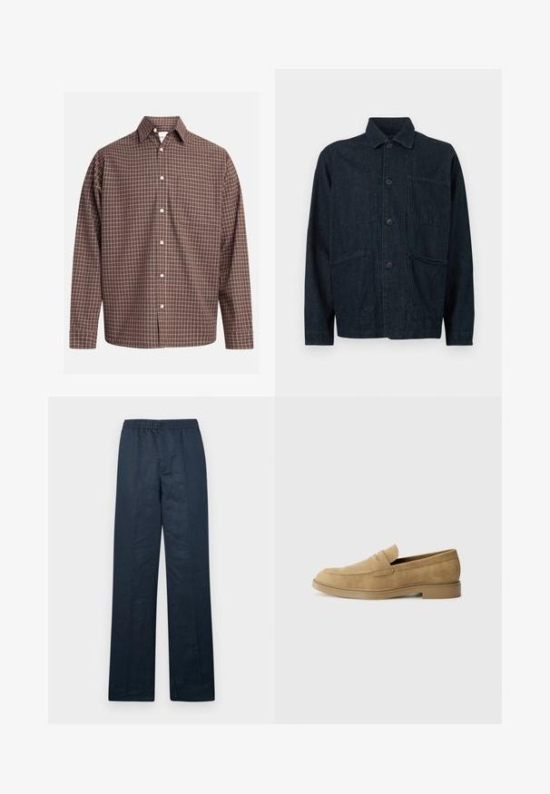 Mørkeblå denimjakke med krage, frontknapper og to store laplommer. Har en teksturert overflate.; Brun rutete skjorte med lange ermer, med en brystlomme og hvite knapper på et teksturert stoff.; Marineblå linbukser med avslappet passform, elastisk midjebånd og en enkelt knappelukking. Har rette ben og minimal tekstur.; Brune mokkasiner i suede med rund tå, lav blokk hæl og sydd detaljer på overdelen. Glatt tekstur og minimalistisk design.