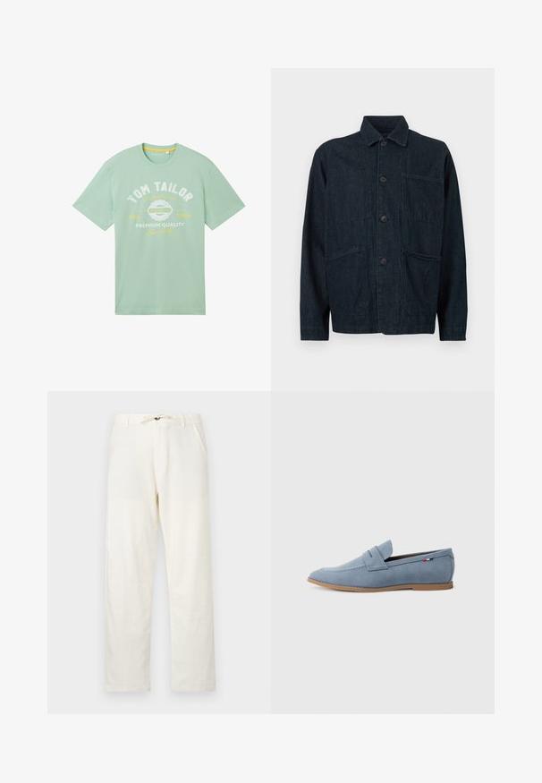 Mørkeblå denimjakke med krave, forreste knapper og to store påsyede lommer. Har en struktureret finish.; TOM TAILOR LOGO - T-shirts print - paradise mint; Lys beige linnedragt med lige snit, justerbar snor i livet og to sidelommer. Glat tekstur og minimalt design.; Lys blå ruskinds loafer med en glat tekstur, dekorativt syning og en brun gummisål. Har et penny slot design på overdelen.