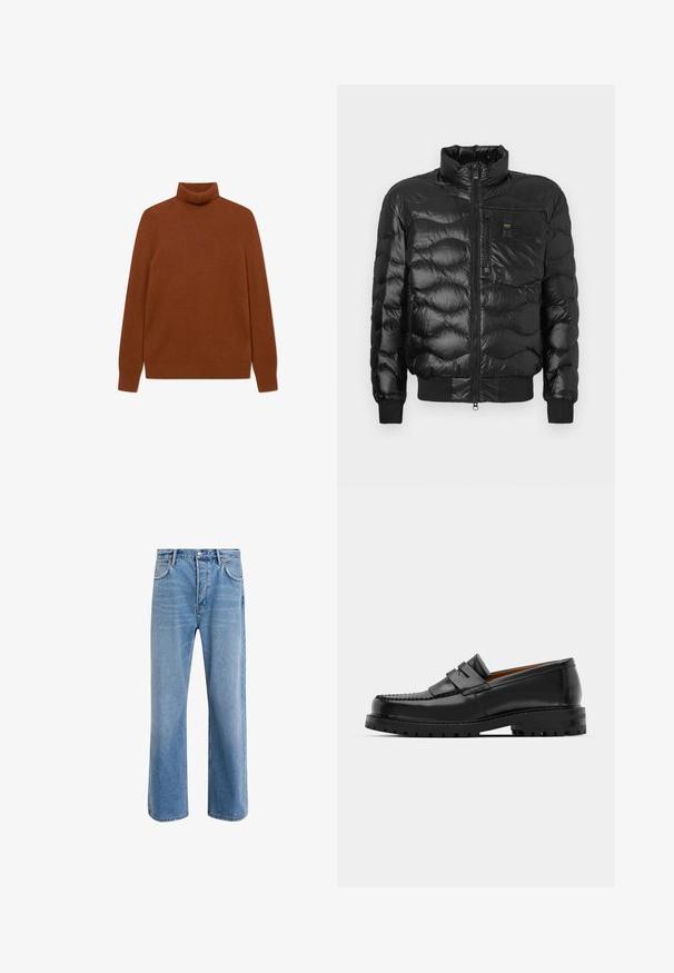 Doudoune noire au fini brillant, dotée d'un col montant, d'une fermeture éclair et de coutures horizontales. Comprend une poche poitrine et des poignets côtelés.; Pull à col roulé marron avec une texture côtelée. Manches longues et coupe ajustée, idéal pour les superpositions. Matière douce et chaude.; Jeans en denim bleu clair avec une coupe droite, cinq poches, fermeture à bouton, peu d'usure et des détails de couture contrastés.; Des mocassins en cuir noir présentent une couture surélevée, deux sangles décoratives sur le dessus et une semelle épaisse et texturée pour une meilleure adhérence.