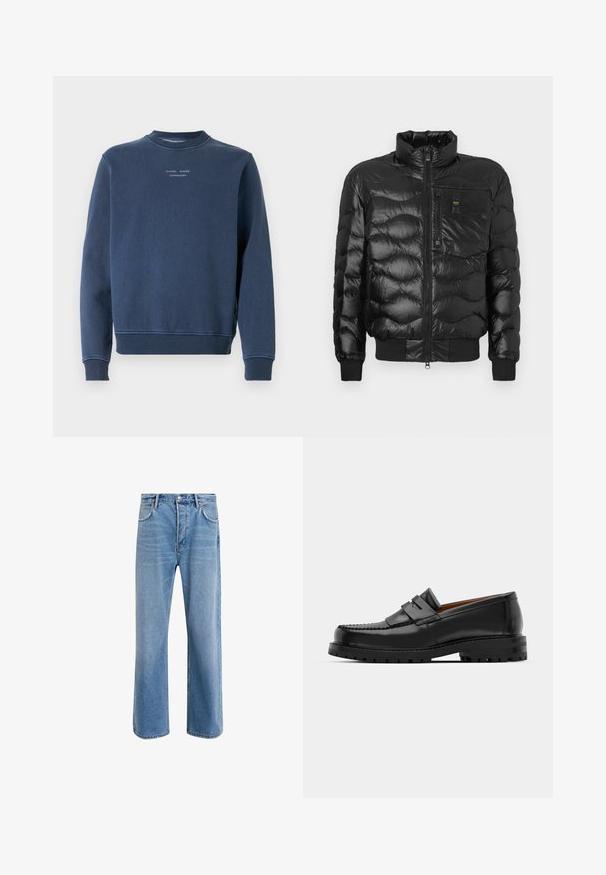Černá péřová bunda s lesklým povrchem, vybavená vysokým límcem, zipovým uzávěrem a horizontálním prošíváním. Obsahuje náprsní kapsu a žebrované manžety.; Námořnická modrá mikina vyrobená z texturované bavlny. Má kulatý výstřih, dlouhé rukávy a žebrované manžety. Branding je umístěn na hrudi.; Světle modré džínové kalhoty s rovnými nohavicemi, pěti kapsami, zapínáním na knoflík, minimálním vyblednutím a kontrastním prošitím.; Černé kožené mokasíny mají zvýšený šev, dvě dekorativní pásky na svršku a silnou strukturovanou podrážku pro lepší přilnavost.