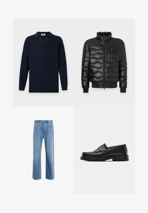 Doudoune noire au fini brillant, dotée d'un col montant, d'une fermeture éclair et de coutures horizontales. Comprend une poche poitrine et des poignets côtelés.; Pull en tricot côtelé bleu marine avec un col en V, un col court et des manches longues. Fabriqué à partir d'un matériau doux avec une finition texturée.; Jeans en denim bleu clair avec une coupe droite, cinq poches, fermeture à bouton, peu d'usure et des détails de couture contrastés.; Des mocassins en cuir noir présentent une couture surélevée, deux sangles décoratives sur le dessus et une semelle épaisse et texturée pour une meilleure adhérence.