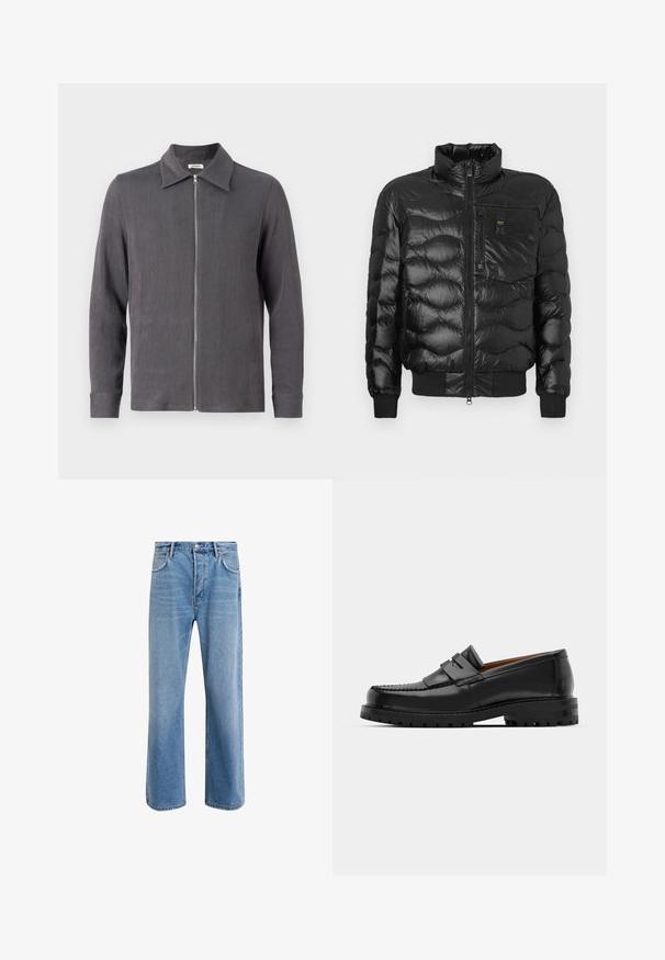 Svart puffjacka med glänsande yta, med hög krage, dragkedjestängning och horisontell kviltning. Inkluderar en bröstficka och ribbstickade ärmslut.; Grå ziptröja med krage och långa ärmar, med ett strukturerat tyg som har ett subtilt ribbat mönster.; Ljust blå denimjeans med rak passform, fem fickor, knappstängning, minimal blekning och kontrasterande sömdetaljer.; Svarta läderloafers har en upphöjd söm, två dekorativa remmar på ovansidan och en tjock texturerad sula för ökat grepp.
