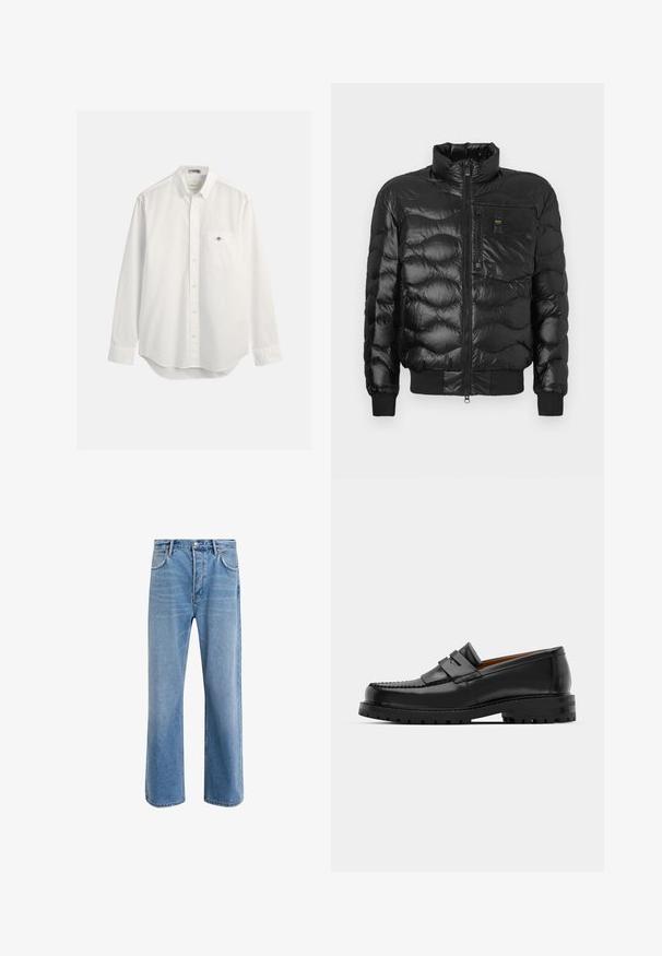 Juodas pūkinis švarkas su blizgiu paviršiumi, turintis aukštą apykaklę, užtrauktuką ir horizontalų siuvinėjimą. Įrengtas krūtinės kišenė ir ripsuoti rankogaliai.; Balta medvilninė marškinė su ilgomis rankovėmis, krūtinės kišenė ir mažas logotipas. Šiek tiek suapvalintas apdaila.; Šviesiai mėlyni džinsai su tiesiu kirpimu, penkios kišenės, mygtuko užsegimas, minimalus blukimas ir kontrastingi siuvimo detalės.; Juodi odiniai loafersai pasižymi pakelta siūle, dviem dekoratyviais dirželiais ant viršaus ir storu tekstūruotu padu, kad būtų užtikrintas didesnis sukibimas.