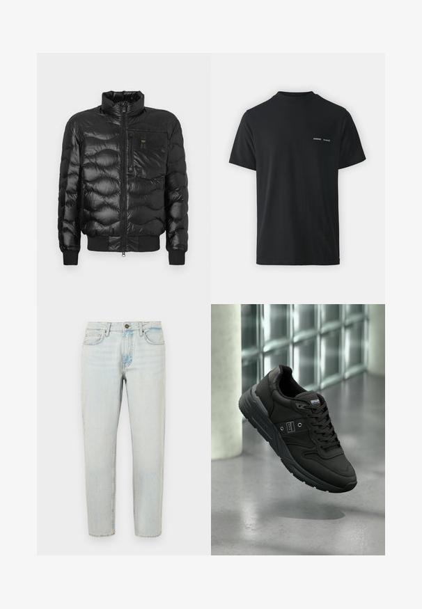 Fekete puffkabát fényes felülettel, magas gallérral, cipzáras záródással és vízszintes steppeléssel. Tartalmaz egy mellzsebet és bordás mandzsettákat.; Fekete pamut póló klasszikus kerek nyakkal, rövid ujjakkal, és két kicsi fehér "SAMSØE" logóval a bal mellen.; Világoskék farmernadrág egyenes szárú szabással, öt zsebes kialakítással és gombos zárással. Az anyag enyhén kopott, egy kicsit megviselt textúrával rendelkezik.; Fekete sportcipő sima bőr felső résszel, textúrált béléssel, fűzős kialakítással és olyan gumitalppal, amely markáns mintázattal rendelkezik.