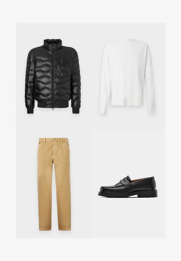 Chaqueta acolchada negra con acabado brillante, presenta un cuello alto, cierre de cremallera y acolchado horizontal. Incluye un bolsillo en el pecho y puños acanalados.; Camisa de algodón blanca de manga larga con cuello redondo, aberturas laterales en la parte inferior y una textura suave, exhibida desde la parte de atrás.; Chinos marrones con un diseño de pierna recta, fabricados en tejido suave. Presentan bolsillos delanteros, un cierre de botón y detalles de costura sutiles.; Los mocasines de cuero negro presentan una costura elevada, dos correas decorativas en la parte superior y una suela gruesa y texturizada para mayor agarre.