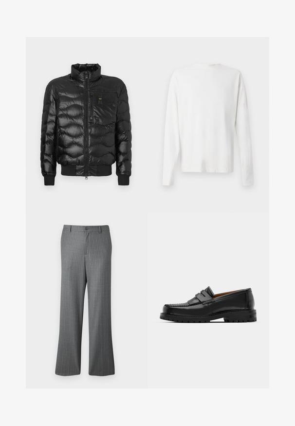 Giubbotto puffer nero con finitura lucida, caratterizzato da un colletto alto, chiusura con zip e imbottitura orizzontale. Include una tasca sul petto e polsini a costine.; Camicia bianca in cotone a maniche lunghe con scollatura rotonda, spacchi laterali in fondo e una texture liscia, mostrata da dietro.; Pantaloni grigi a righe con vestibilità rilassata, dotati di chiusura con bottone, passanti per cintura e sottili righe azzurro chiaro su tutta la superficie.; I mocassini in pelle nera presentano una cucitura sollevata, due fasce decorative sulla parte superiore e una suola spessa e texture per una maggiore aderenza.