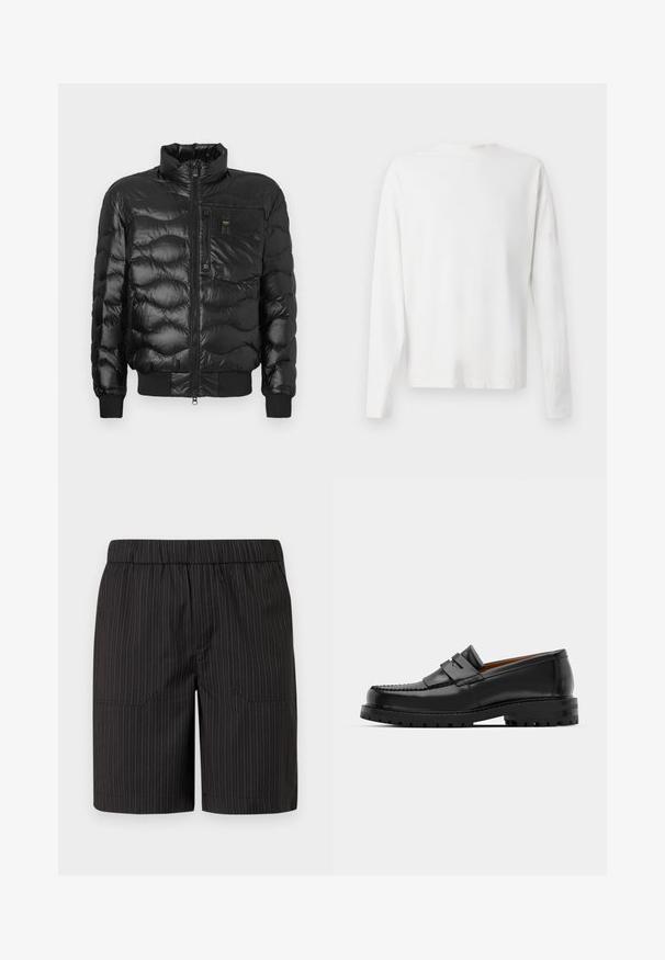 Sort pufferjakke med en blank finish, som har en høj krave, lynlås lukning og vandret quilting. Inkluderer en brystlomme og ribbede manchetter.; Langærmet hvid bomulds skjorte med rund halsudskæring, sideslids i bunden og en glat overflade, vist bagfra.; Sorte shorts med subtile vertikale hvide striber, elastisk talje og to sidelommer, lavet af let, tekstureret stof.; Sorte læder loafers har en forhøjet søm, to dekorative remme på overdelen og en tyk struktureret sål for bedre greb.