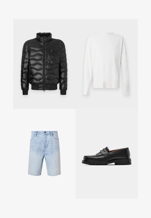 Giubbotto puffer nero con finitura lucida, caratterizzato da un colletto alto, chiusura con zip e imbottitura orizzontale. Include una tasca sul petto e polsini a costine.; Camicia bianca in cotone a maniche lunghe con scollatura rotonda, spacchi laterali in fondo e una texture liscia, mostrata da dietro.; Pantaloni corti in denim azzurro chiaro con una vestibilità regolare, design a cinque tasche e chiusura con bottone. Presentano una leggera sbiaditura e orlo cucito.; I mocassini in pelle nera presentano una cucitura sollevata, due fasce decorative sulla parte superiore e una suola spessa e texture per una maggiore aderenza.