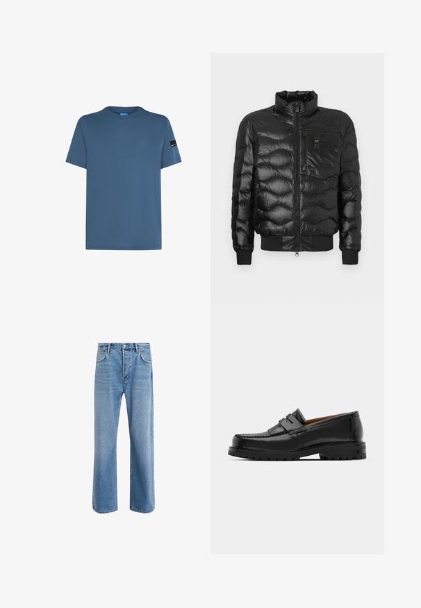 Czarna kurtka puchowa o błyszczącej powierzchni, z wysokim kołnierzem, zapięciem na zamek oraz poziomym pikowaniem. Zawiera kieszeń na piersi i ściągacze przy mankietach.; Niebieska bawełniana koszulka z okrągłym dekoltem, krótkimi rękawami i czarną naszywką z logo na lewym rękawie. Gładka tekstura i luźny krój.; Jasnoniebieskie dżinsy o prostym kroju, pięć kieszeni, zapięcie na guzik, minimalne blaknięcia i kontrastowe wykończenia szwów.; Czarne skórzane mokasyny mają wyraźny szew, dwa dekoracyjne paski na górze oraz grubą, teksturowaną podeszwę dla lepszej przyczepności.
