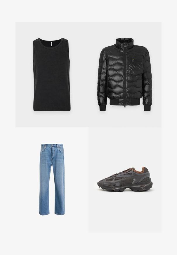 Black puffer jacket with a glossy finish, featuring a high collar, zip closure, and horizontal quilting. Includes a chest pocket and ribbed cuffs.; Black cotton tank top with a round neckline, sleeveless design, and a smooth texture. Features a simple and classic cut.; Light blue denim jeans with a straight-leg design, five pockets, button closure, minimal fading, and contrasting stitching details.; Lacoste sneakers in dark gray with mesh and synthetic material, featuring a textured sole and brown accents on the collar and branding.