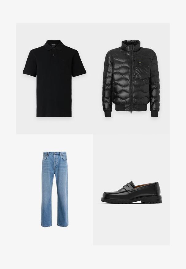 Crna puffer jakna s sjajnom površinom, s visokim ovratnikom, zatvaranjem na zip i horizontalnim šavovima. Sadrži džep na prsima i rebraste manžete.; Crna polo majica s kratkim rukavima, dva dugmeta, rebrasti ovratnik i manžete, s diskretnim utisnutim logotipom na lijevoj strani prsa.; Svijetloplave traperice s ravnim nogavicama, pet džepova, zatvaranjem na gumb, minimalnim izbljeđivanjem i kontrastnim šavovima.; Crne kožne mokasine imaju podignutu šav, dvije dekorativne trake na gornjem dijelu i debeli teksturirani đon za bolji grip.