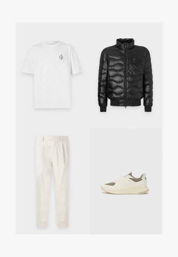 Chaqueta acolchada negra con acabado brillante, presenta un cuello alto, cierre de cremallera y acolchado horizontal. Incluye un bolsillo en el pecho y puños acanalados.; Camiseta de algodón blanca con un corte relajado, con un pequeño logotipo gráfico negro en el área del pecho izquierdo. Mangas cortas, estilo cuello redondo.; Pantalones blancos plisados con un ajuste entallado, que presentan una textura suave, pasadores para el cinturón y piernas ajustadas. Sin bolsillos visibles ni patrones.; Zapatilla deportiva en blanco y beige claro, con parte superior de malla, detalles perforados y una mediasuela texturizada con la marca en el talón.