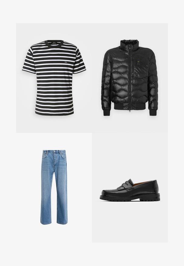 Fekete puffkabát fényes felülettel, magas gallérral, cipzáras záródással és vízszintes steppeléssel. Tartalmaz egy mellzsebet és bordás mandzsettákat.; Fekete-fehér csíkos póló kerek nyakkal, rövid ujjakkal és egy apró hímzett "MN" felirattal az elején. Puha pamut anyagból készült.; Világoskék farmernadrág, egyenes szárú fazonnal, öt zsebbel, gombos záródással, minimális kopással és kontrasztos varrással.; Fekete bőr loaferek kiemelkedő varrással, két díszcsíkkal a felső részen és vastag, struktúrált talppal rendelkeznek a jobb tapadás érdekében.