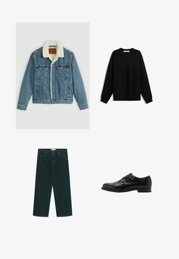 Denim jacket with a light blue wash, faux shearling collar, two chest pockets, and button closures. Features a leather brand patch at the neck.; Black knitted sweater with a round neckline, dropped shoulders, and ribbed cuffs and hem. Features a textured fabric for warmth.; Dark green wide-leg denim jeans with button and zip closure, front pockets, and belt loops, laid flat on a white background.; Black leather double monk strap shoe with a rounded toe and silver buckles. Smooth texture and a flat heel provide stability.