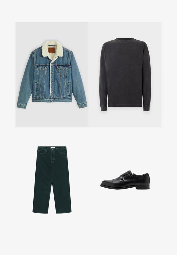 Denim-takki vaaleansinisellä pesulla, tekoturkistaskuilla, kaksi rintataskua ja napit. Takissa on nahkainen brändilappu kauluksessa.; Pitkähihaainen crewneck-sweatshirt tummanharmaana, valmistettu pehmeästä puuvillaseoksesta. Varressa on ribbikudotut hihansuut ja kaulus, ja pinnassa on sileä, hiukan rakenteellinen viimeistely.; Tummanvihreät leveälahkeiset farkut, joissa on nappi- ja vetoketjusuljenta, etutaskut ja vyölenkit, asetettuna tasaiselle valkoiselle taustalle.; Musta nahkainen kaksipampulainen kengät pyöreällä kärjellä ja hopeisilla soljilla. Sileä pinta ja tasainen korko tarjoavat vakauden.