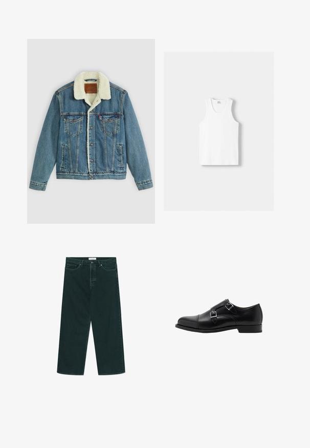 Denim jack met een lichtblauwe wassing, een faux shearling kraag, twee borstzakken en knoopsluitingen. Bevat een leren merkpatch aan de nek.; Witte katoenen tanktop met een ronde halslijn, brede schouderbanden en een rechte zoom, met een gladde textuur en zonder zichtbare patronen.; Donkergroene spijkerbroek met wijdere pijpen, voorzien van een knoop- en ritsclosure, voorzakken en riemlussen, plat gelegd op een witte achtergrond.; Zwarte leren dubbele monkstrap-schoenen met een ronde neus en zilveren gespen. De gladde textuur en de platte hak zorgen voor stabiliteit.