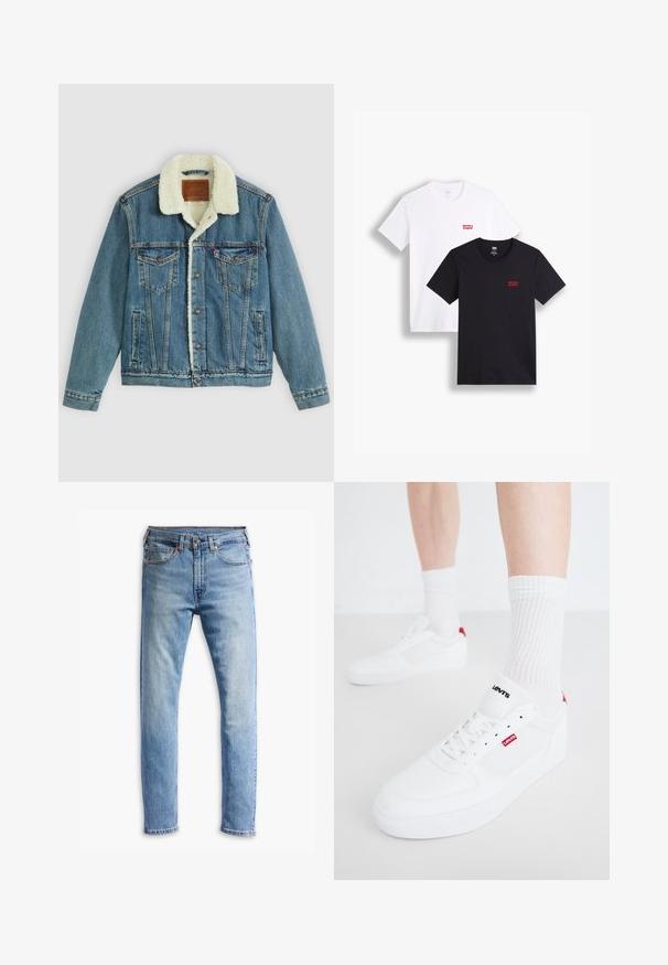 Džinsa jaka ar gaiši zilu mazgāšanu, mākslīgā šerpa apkakli, divām krūšu kabatām un pogu aizdari. Satur ādas zīmola uzlīmi pie kakla.; Divi īsās piedurkņu t-krekli: viens balts un viens melns. Abus izgatavoti no kokvilnas ar sarkano Levi's logo uz krūšu. Vienkārša apaļa kakla dizaina.; Gai zilgani džinsi ar taisnu piegriezumu, piecām kabatām, pogu aizdari un vieglu izbalējumu pa audumu.; Baltas sporta apavu modelis no teksturētas auduma ar gludām akcentiem. Iekļauts sarkans logotips un papēža cilpa. Kombinēts ar baltām ribotām zeķēm.
