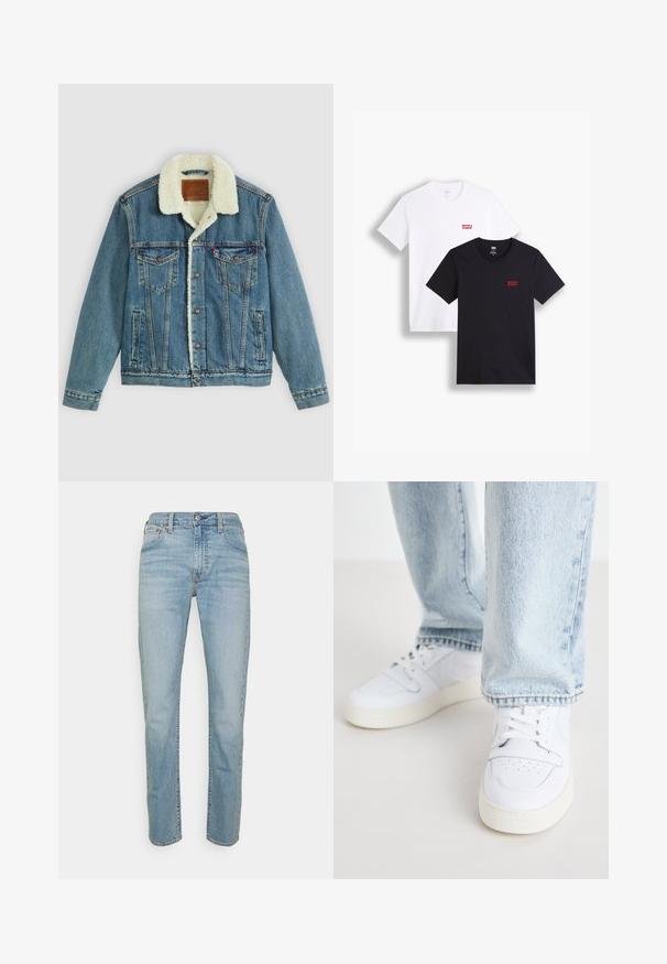 Denim jack met een lichtblauwe wassing, een faux shearling kraag, twee borstzakken en knoopsluitingen. Bevat een leren merkpatch aan de nek.; Twee t-shirts met korte mouwen: één wit en één zwart. Beide gemaakt van katoen met een rood Levi's logo op de borst. Eenvoudig ontwerp met ronde hals.; Lichtblauwe denim jeans met een rechte snit, met een klassieke vijf-pocket ontwerp en een metalen knoopsluiting. Verbleekte wasdetail.; Witte leren lage sneakers met geperforeerde neus, platte veters en een minimalistisch ontwerp. Gecombineerd met lichtblauwe denim jeans.