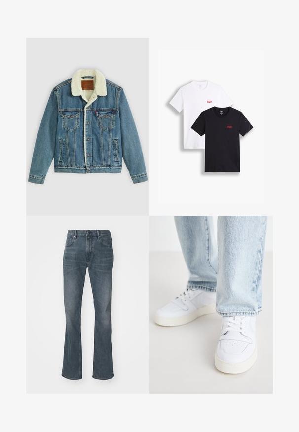 Jaqueta de ganga com um desbotado azul claro, gola de pelúcia sintética, dois bolsos no peito e fechos de botão. Apresenta um patch de marca em pele na parte de trás do pescoço.; Duas t-shirts de mangas curtas: uma branca e uma preta. Ambas feitas de algodão com um logótipo vermelho da Levi's no peito. Design simples de gola redonda.; Jeans de ganga flare em azul médio com um acabamento desgastado, apresentando fecho com botão e zipper, design de cinco bolsos e detalhes costurados.; Sneakers brancos de couro de cano baixo com biqueira perfurada, atacadores planos e design minimalista. Combinados com jeans de ganga de cor azul clara.