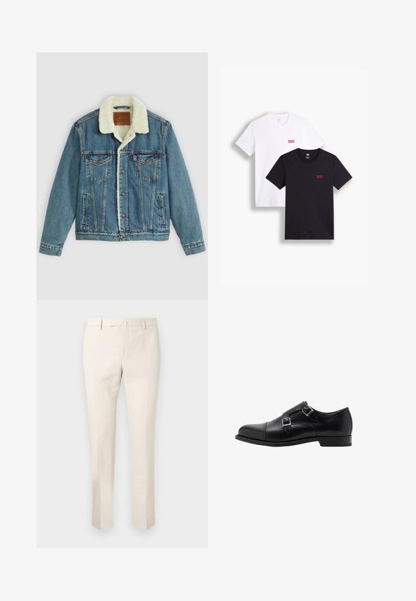 Denimjacke mit einer hellblauen Waschung, Kunstfellkragen, zwei Brusttaschen und Knopfverschlüssen. Mit einem Leder-Logo-Patch am Kragen.; Zwei kurzärmlige T-Shirts: eines in Weiß und eines in Schwarz. Beide aus Baumwolle mit einem roten Levi's-Logo auf der Brust. Einfaches Rundhals-Design.; Hellbeige Chinos aus Baumwolle mit flachem Bund, Gürtelschlaufen und Seitentaschen. Gerader Beinschnitt mit glatter Textur.; Schwarze Leder-Doppel-Monk-Schuhe mit runder Spitze und silbernen Schnallen. Die glatte Textur und der flache Absatz bieten Stabilität.